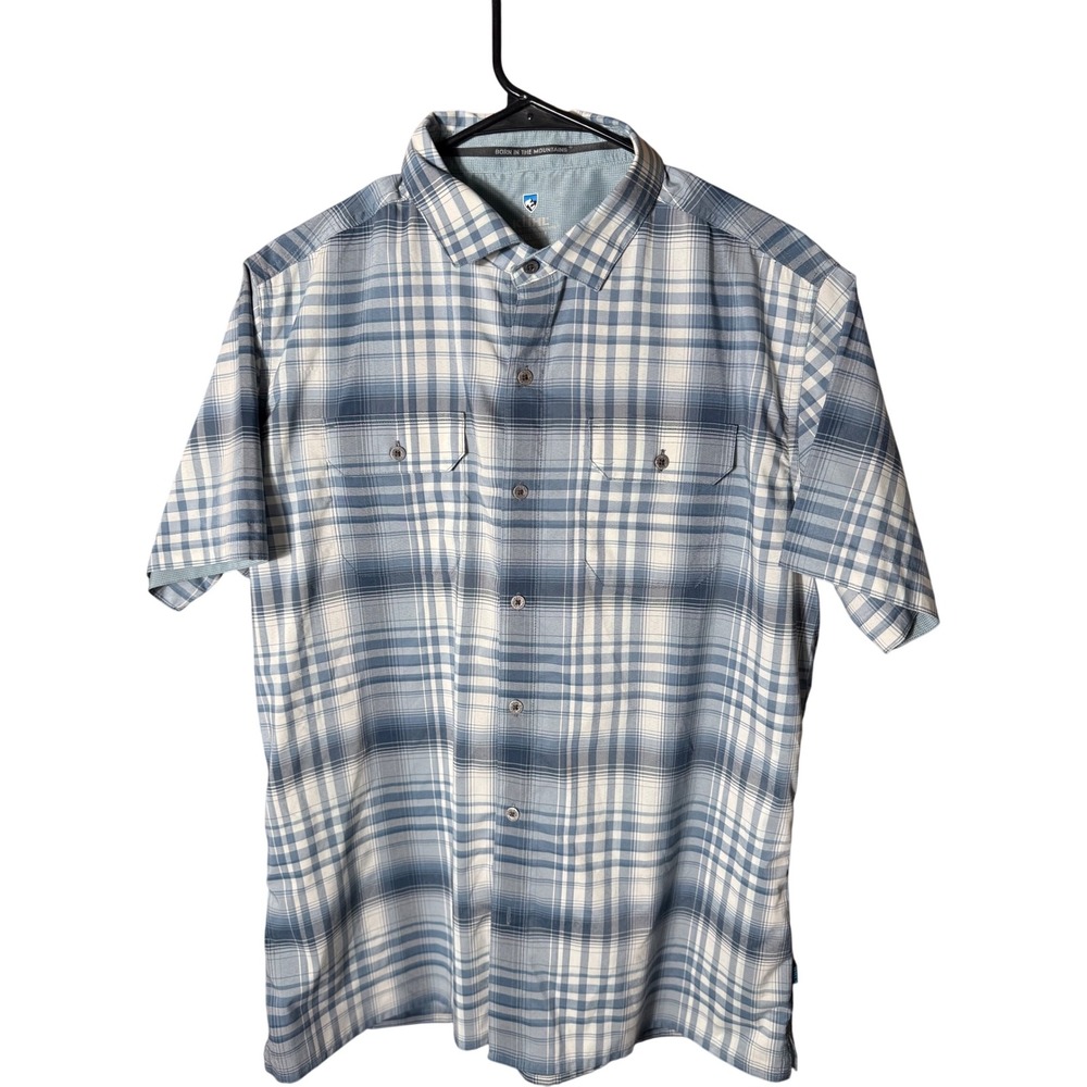 Kuhl Button Down Shirt Mens Medium Blue Plaid Good Short Sleeve Hiking Outdoor